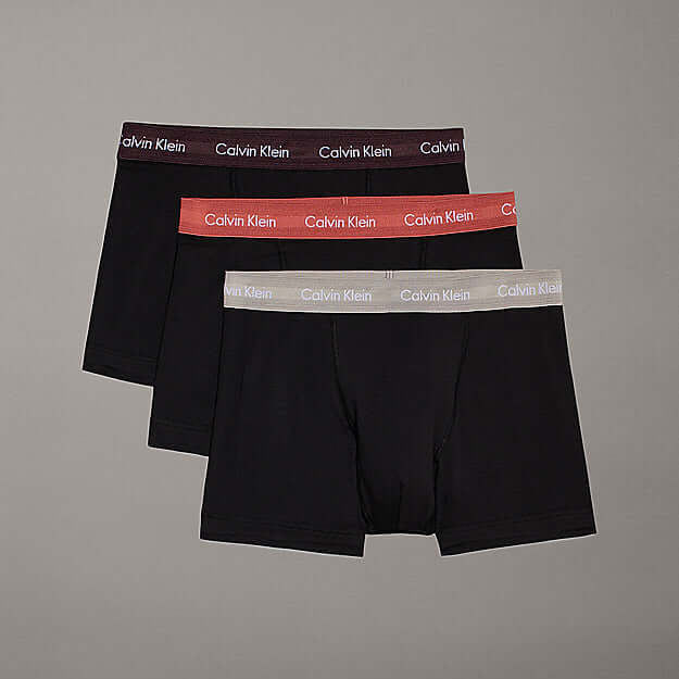 Calvin Klein 3 Pack Cotton Stretch Trunks, Black - Coloured Waistbands