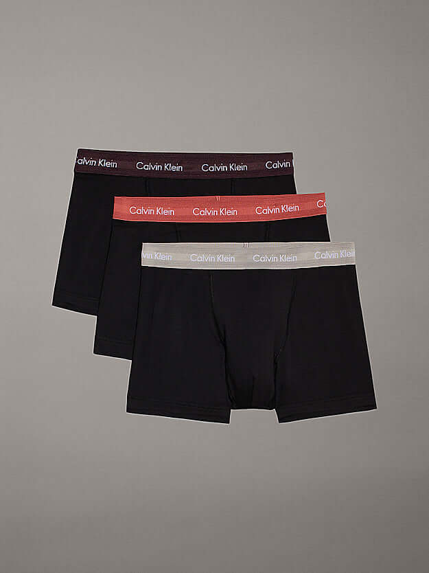 Calvin Klein 3 Pack Cotton Stretch Trunks, Black - Coloured Waistbands