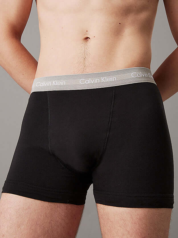 Calvin Klein 3 Pack Cotton Stretch Trunks, Black - Coloured Waistbands