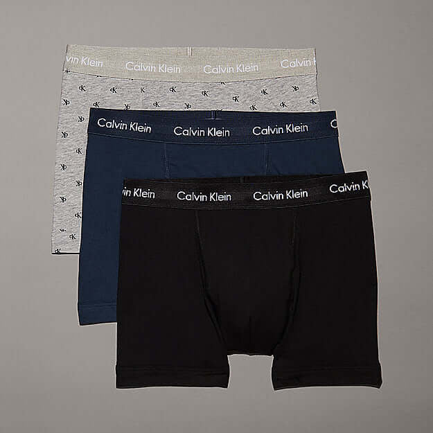 Calvin Klein 3 Pack Cotton Stretch Trunks, Black / Blue / Grey Print