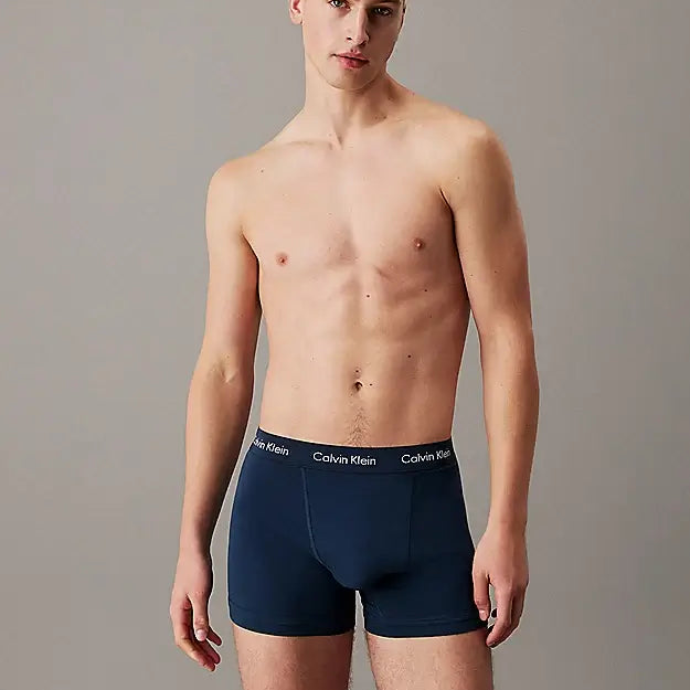 Calvin Klein 3 Pack Cotton Stretch Trunks, Black / Blue / Grey Print