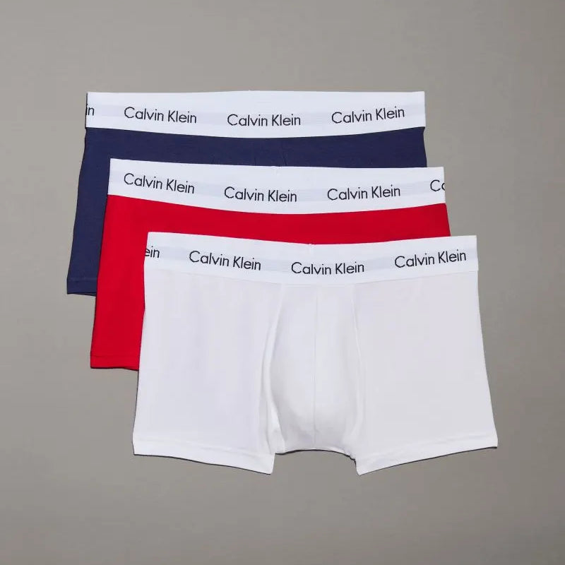 Calvin Klein Low Rise Cotton Stretch Trunks, Pack of 3, Red Ginger/White/Pyro Blue
