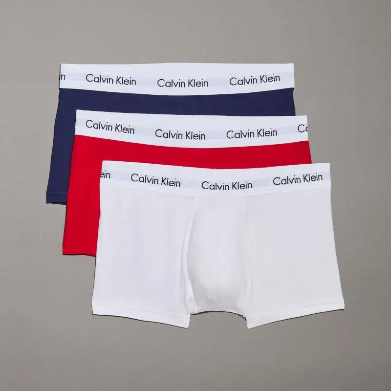 Calvin Klein Low Rise Cotton Stretch Trunks, Pack of 3, Red Ginger/White/Pyro Blue