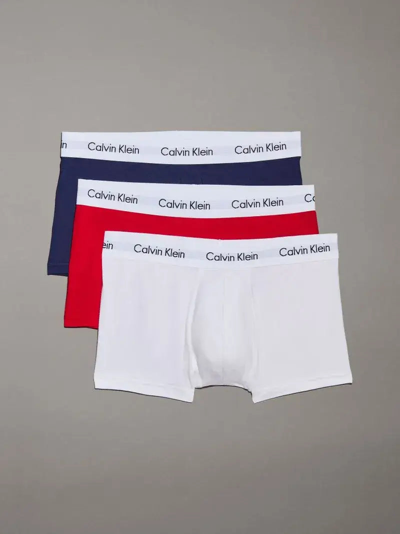 Calvin Klein Low Rise Cotton Stretch Trunks, Pack of 3, Red Ginger/White/Pyro Blue