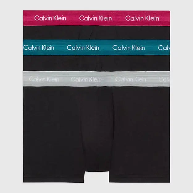 Calvin Klein 3 Pack Low Rise Trunks – Cotton Stretch – Black with Coloured Waistbands