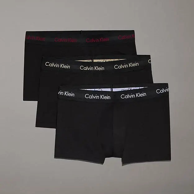 Calvin Klein 3 Pack Low Rise Cotton Stretch Trunks, Black-Rumba/White/Safari Logos