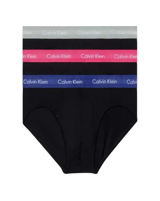 Calvin Klein 3 Pack Cotton Stretch Hip Briefs - Black Coloured Waistbands
