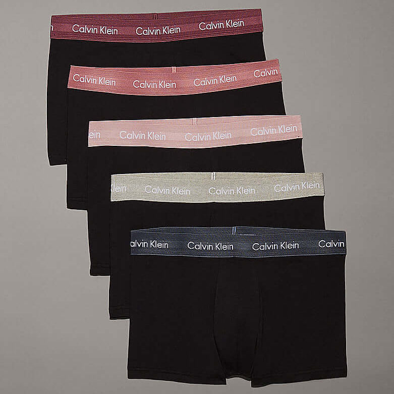 Calvin Klein 5 Pack Cotton Stretch - Low Rise Trunks, Black with Coloured Waistbands