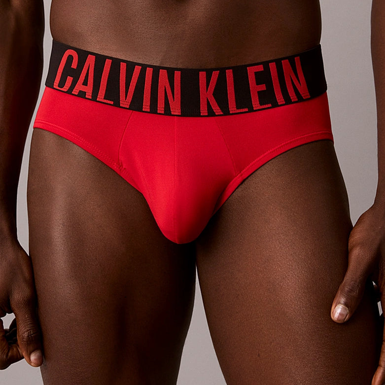 A close-up of a model wearing red Calvin Klein briefs with a black waistband featuring the brand name in red.