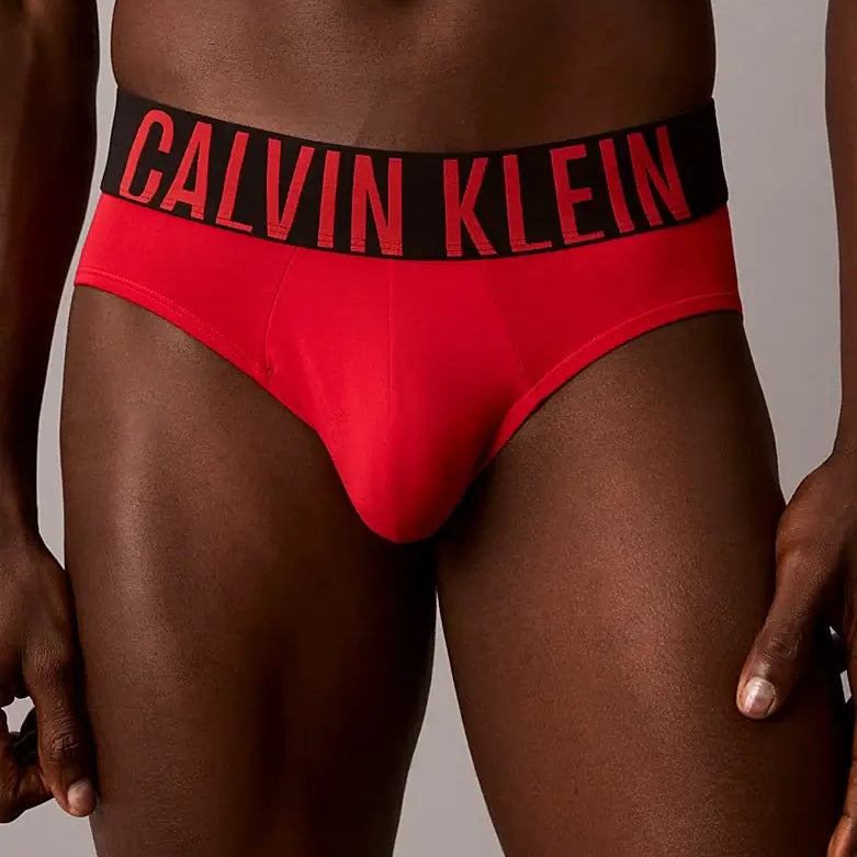 A close-up of a model wearing red Calvin Klein briefs with a black waistband featuring the brand name in red.