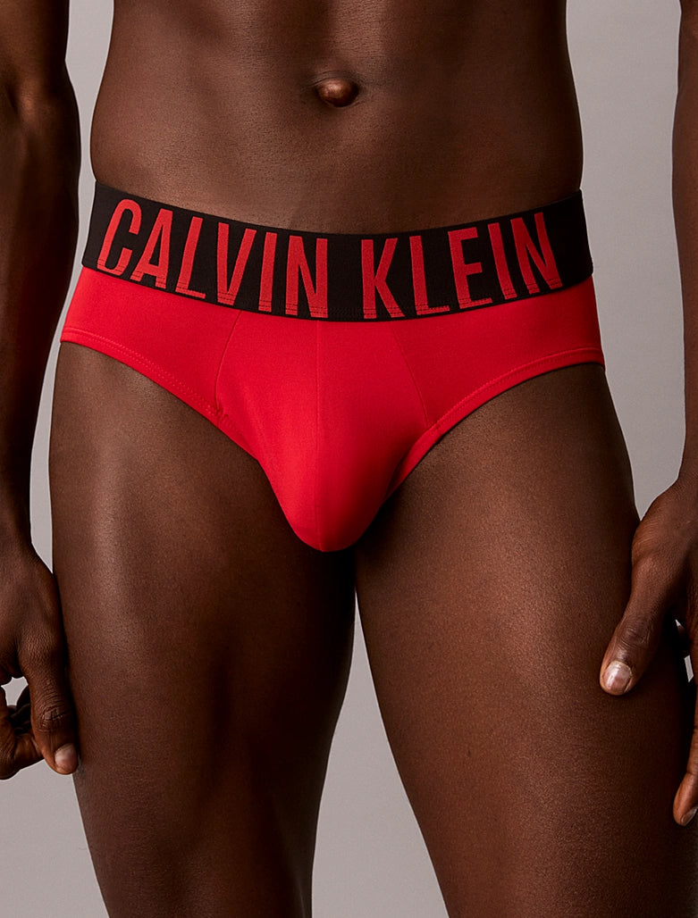 A close-up of a model wearing red Calvin Klein briefs with a black waistband featuring the brand name in red.