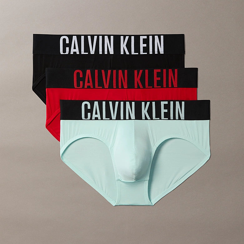 Calvin Klein Intense Power Microfibre Stretch 3 Pack Briefs Black Goji Berry Aqua Blue