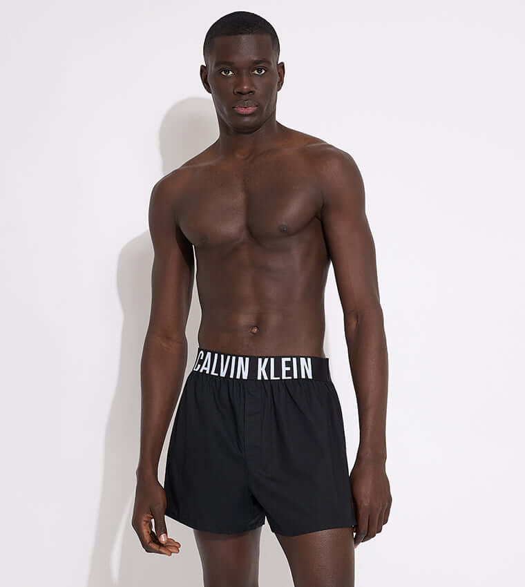 Calvin Klein 2 Pack Slim Fit Woven Boxers, Intense Power Black / Blue