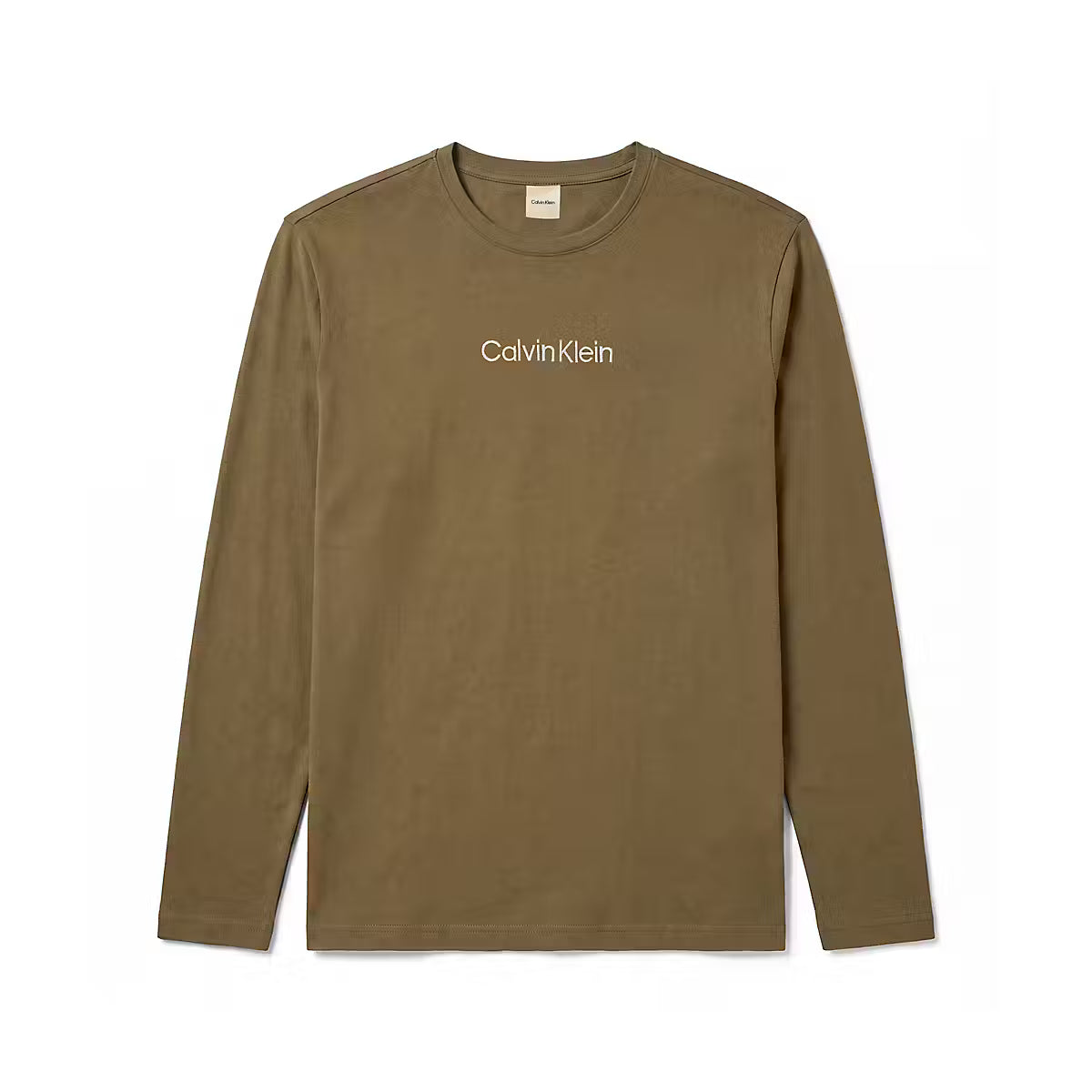 A long-sleeve crewneck t-shirt in olive brown with the 'CalvinKlein' logo printed in white on the chest, displayed flat against a solid white background.