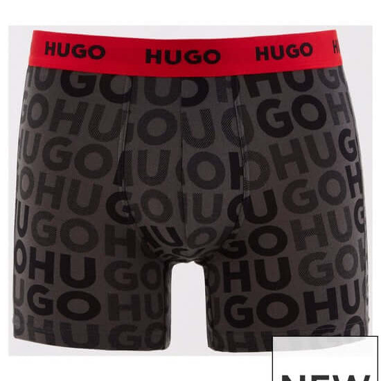 Hugo 3 Pack Stretch Cotton Boxer Briefs with Logo Waistbands - Black with Red