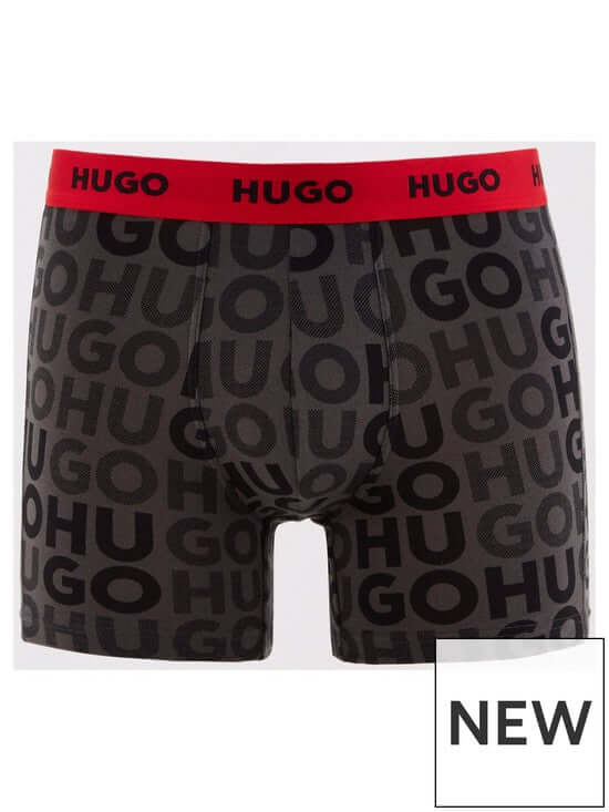 Hugo 3 Pack Stretch Cotton Boxer Briefs with Logo Waistbands - Black with Red