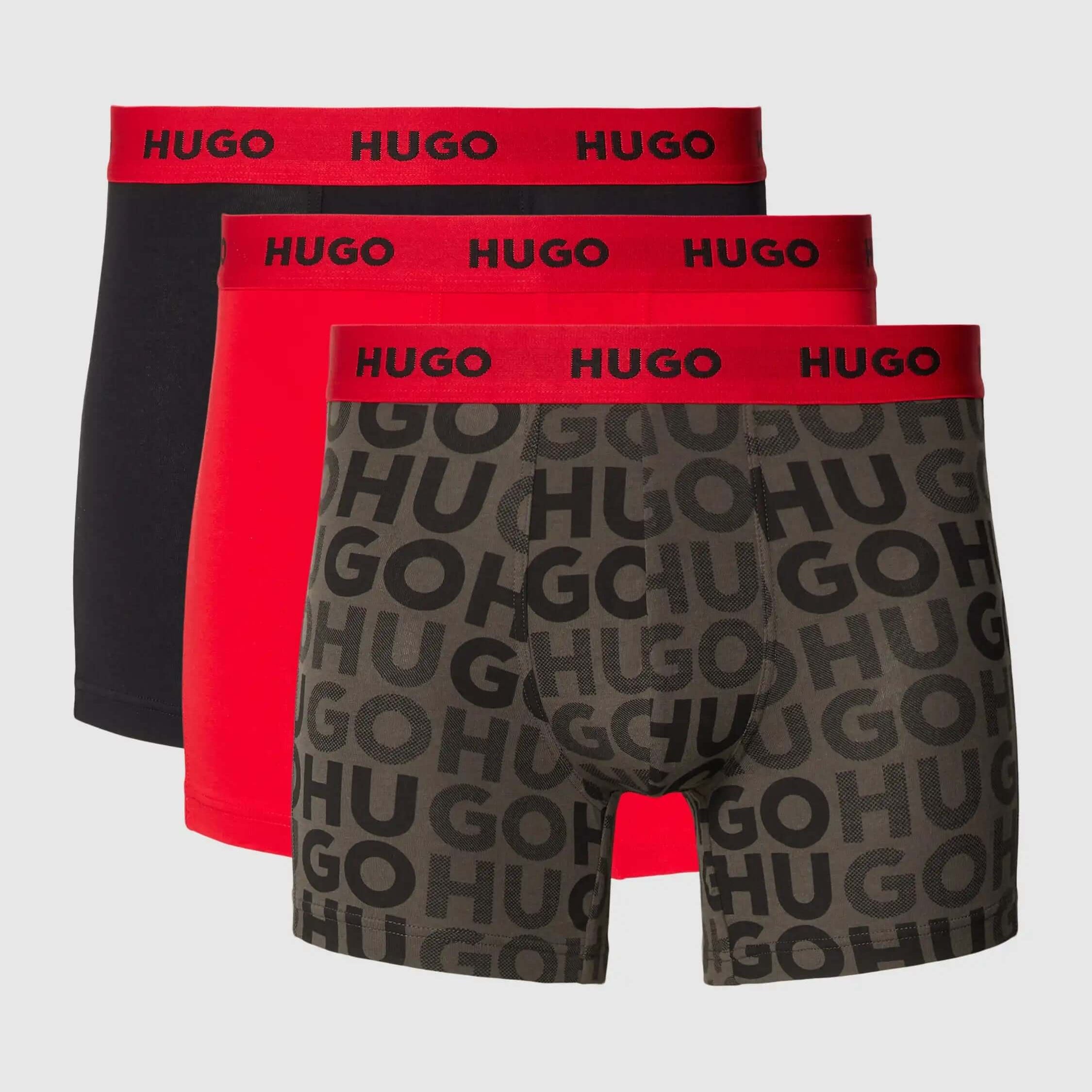 Hugo 3 Pack Stretch Cotton Boxer Briefs with Logo Waistbands - Black with Red