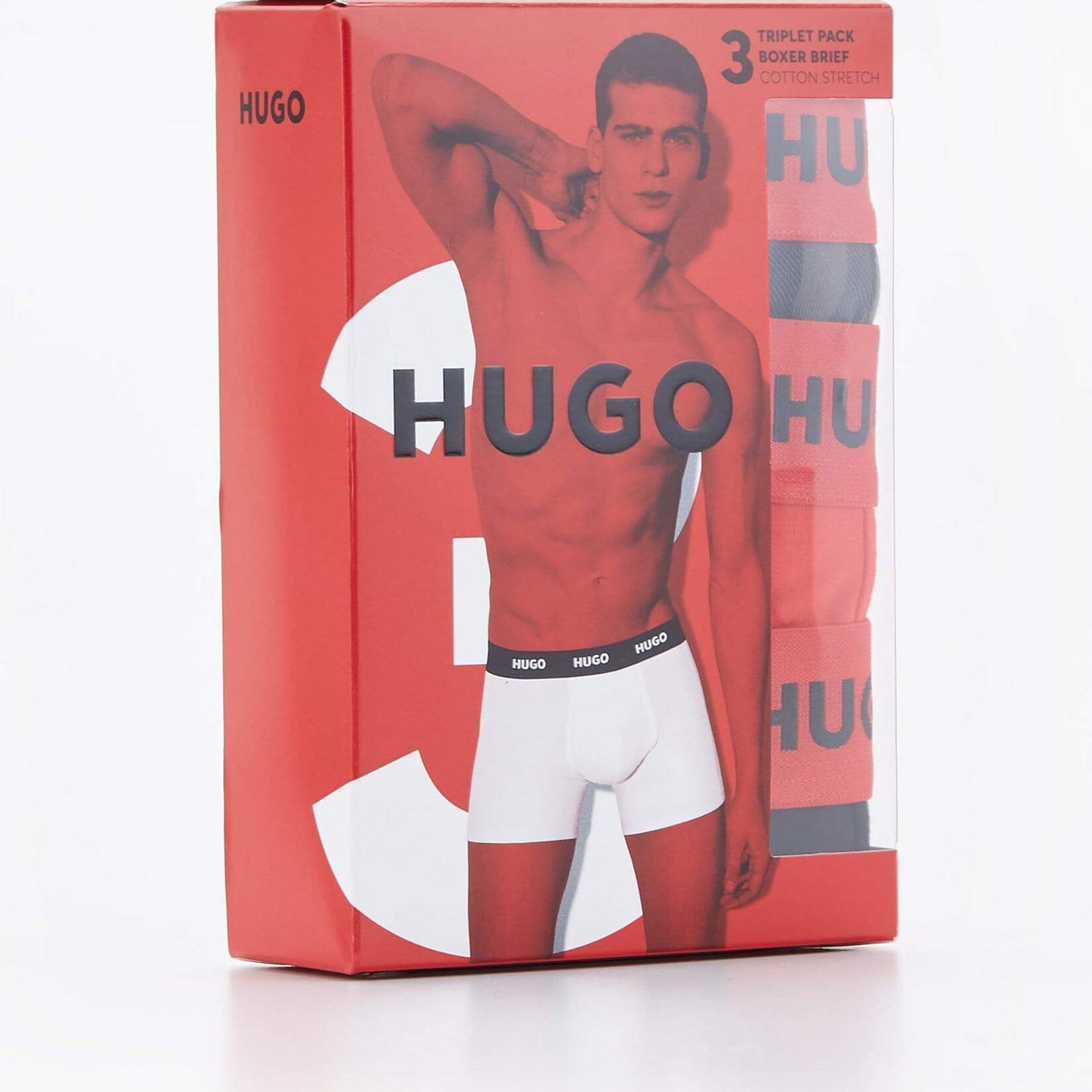 Hugo 3 Pack Stretch Cotton Boxer Briefs with Logo Waistbands - Black with Red