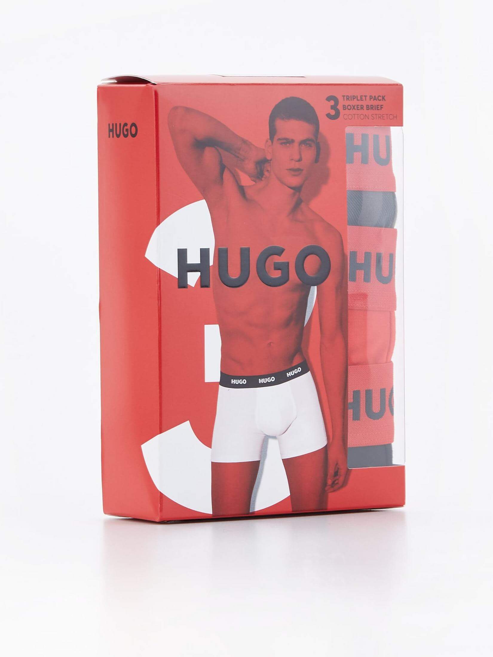 Hugo 3 Pack Stretch Cotton Boxer Briefs with Logo Waistbands - Black with Red