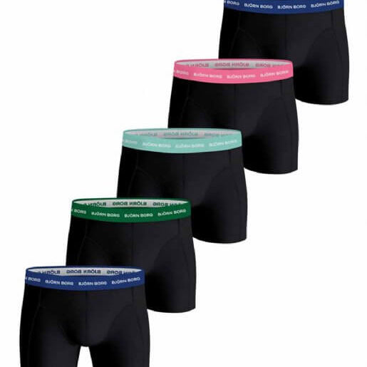 Björn Borg 5 Pack Essential Boxer - Black with Coloured Waistbands