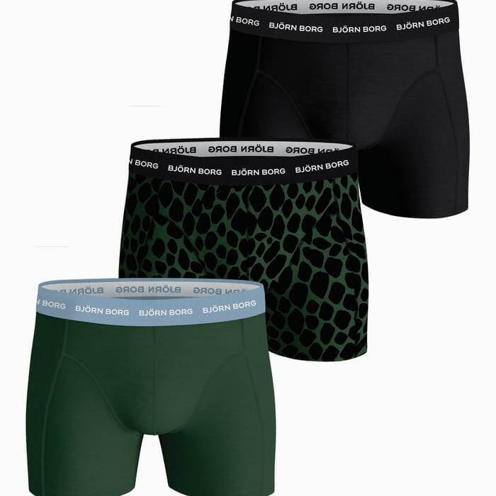 Björn Borg 3 Pack Cotton Stretch Boxers - Green Print / Black