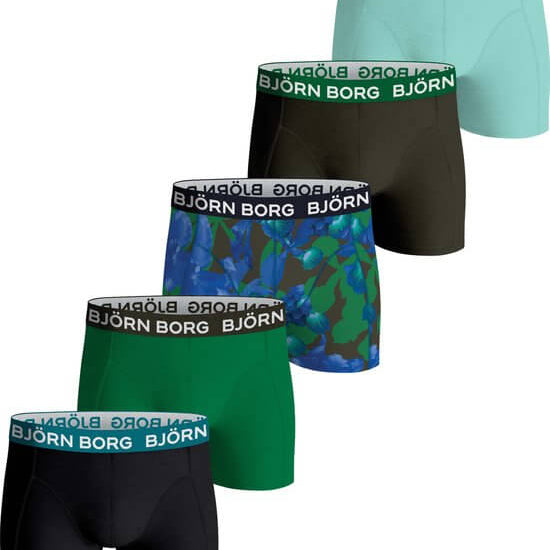 Björn Borg 5 Pack Cotton Stretch Boxers - Green/Black/Green Print