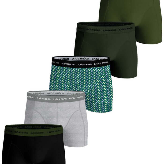 Björn Borg 5 Pack Cotton Stretch Boxers - Olive/Green/Grey/Black Print