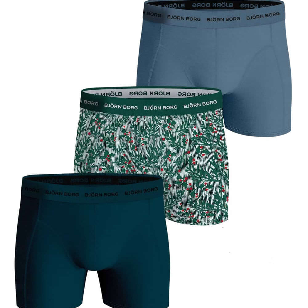 Bjorn Borg Cotton Stretch Boxer Trunks 3 Pack - Blue, Green, Print