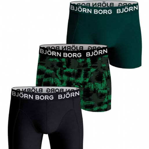 Bjorn Borg Cotton Stretch Boxer Trunks 3 Pack - Black, Green, Print