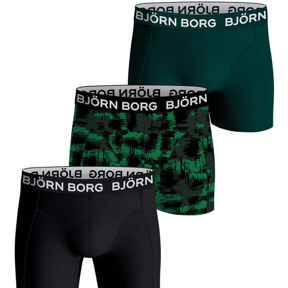 Bjorn Borg Cotton Stretch Boxer Trunks 3 Pack - Black, Green, Print