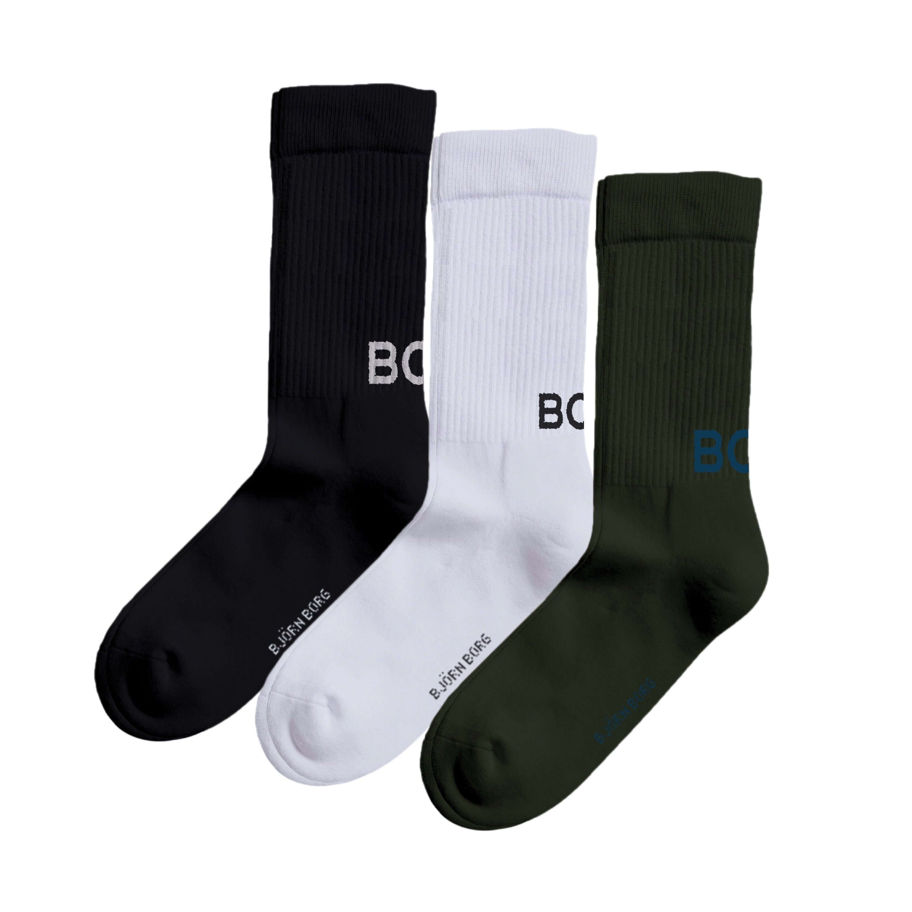 Björn Borg Core Crew Socks 3-Pack – Recycled Polyamide – Black, White, Green