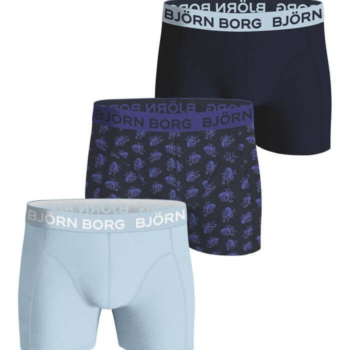Bjorn Borg Cotton Stretch Boxer Trunks 3 Pack - Black,Navy Print, Blue