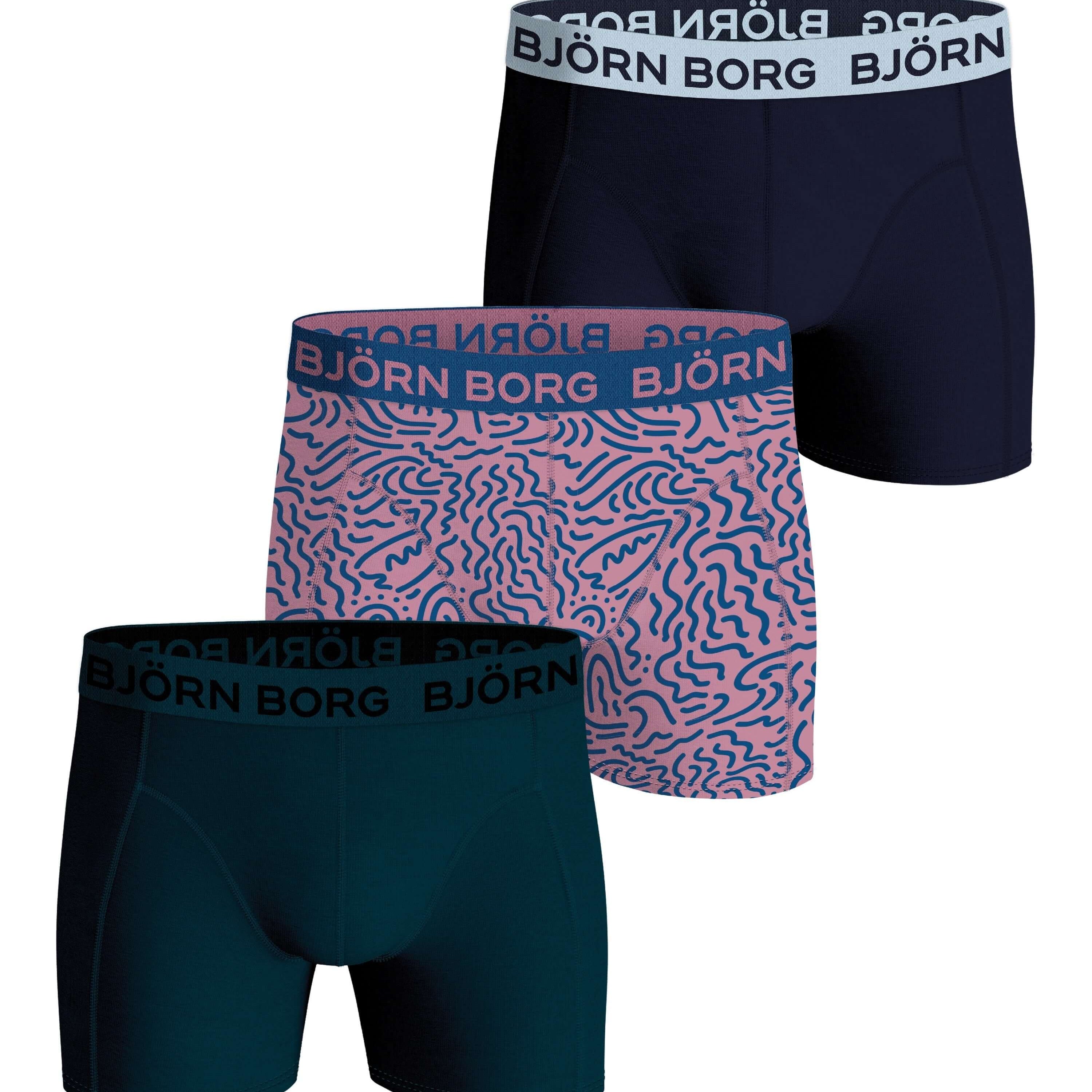 Bjorn Borg Cotton Stretch Boxer Trunks 3 Pack - Blue, Green, Purple Print