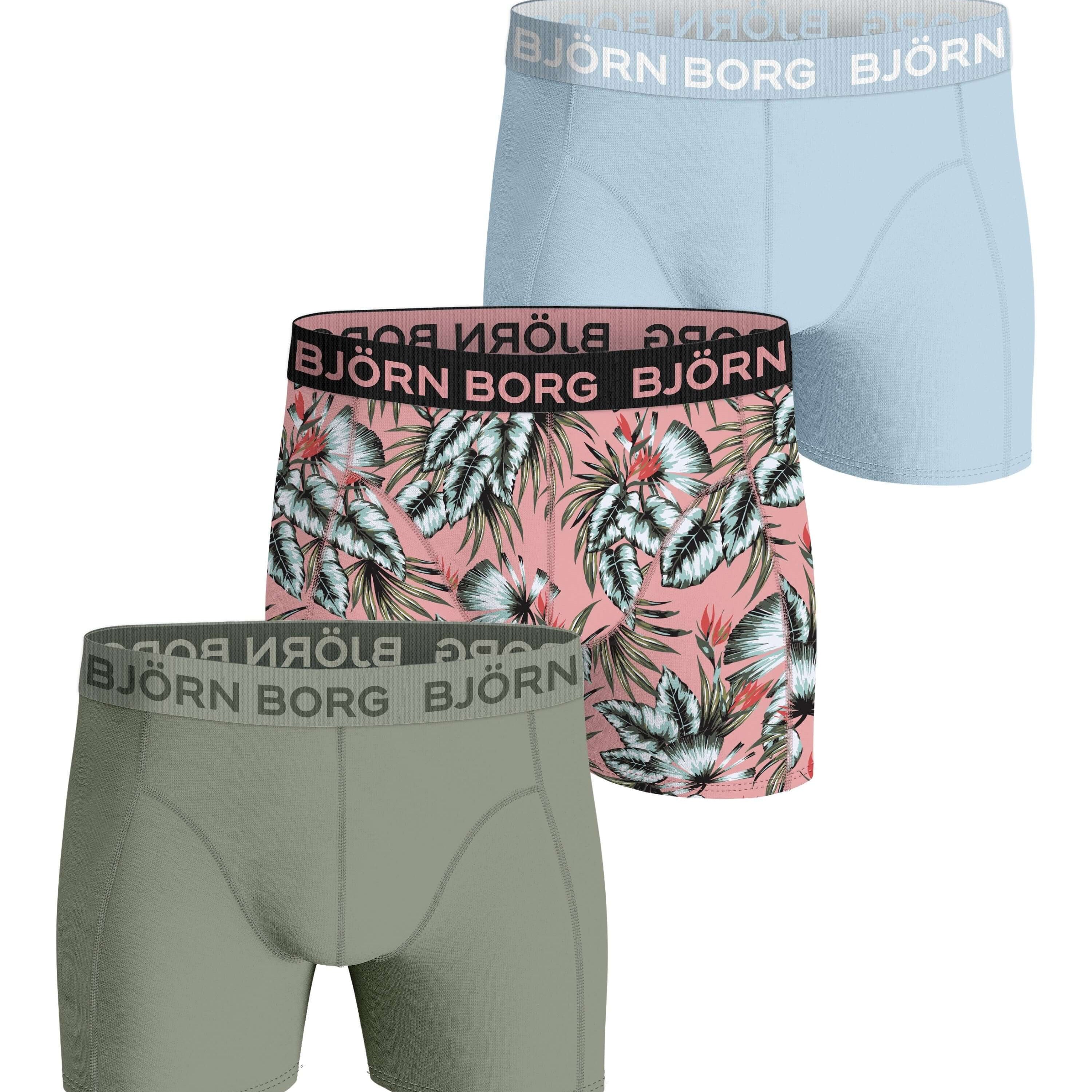 Bjorn Borg Cotton Stretch Boxer Trunks 3 Pack - Olive, Sky Blue, Pink Print