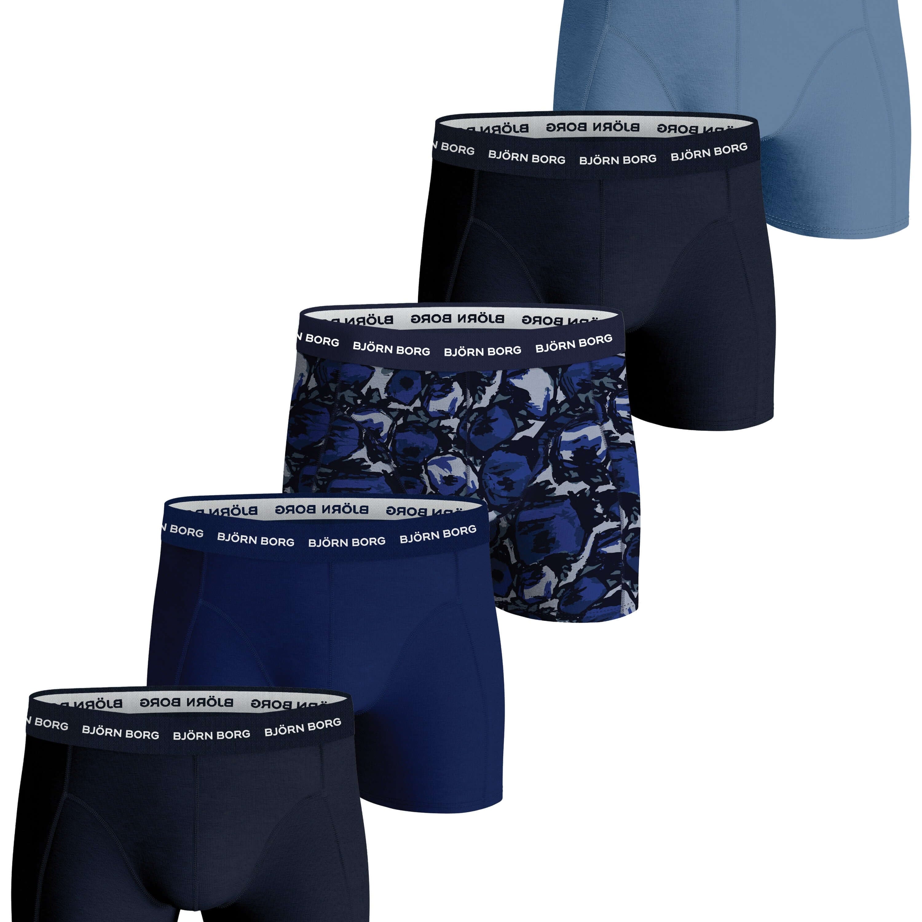 Björn Borg 5 Pack Cotton Stretch Boxers - Blue/Navy/Black Print