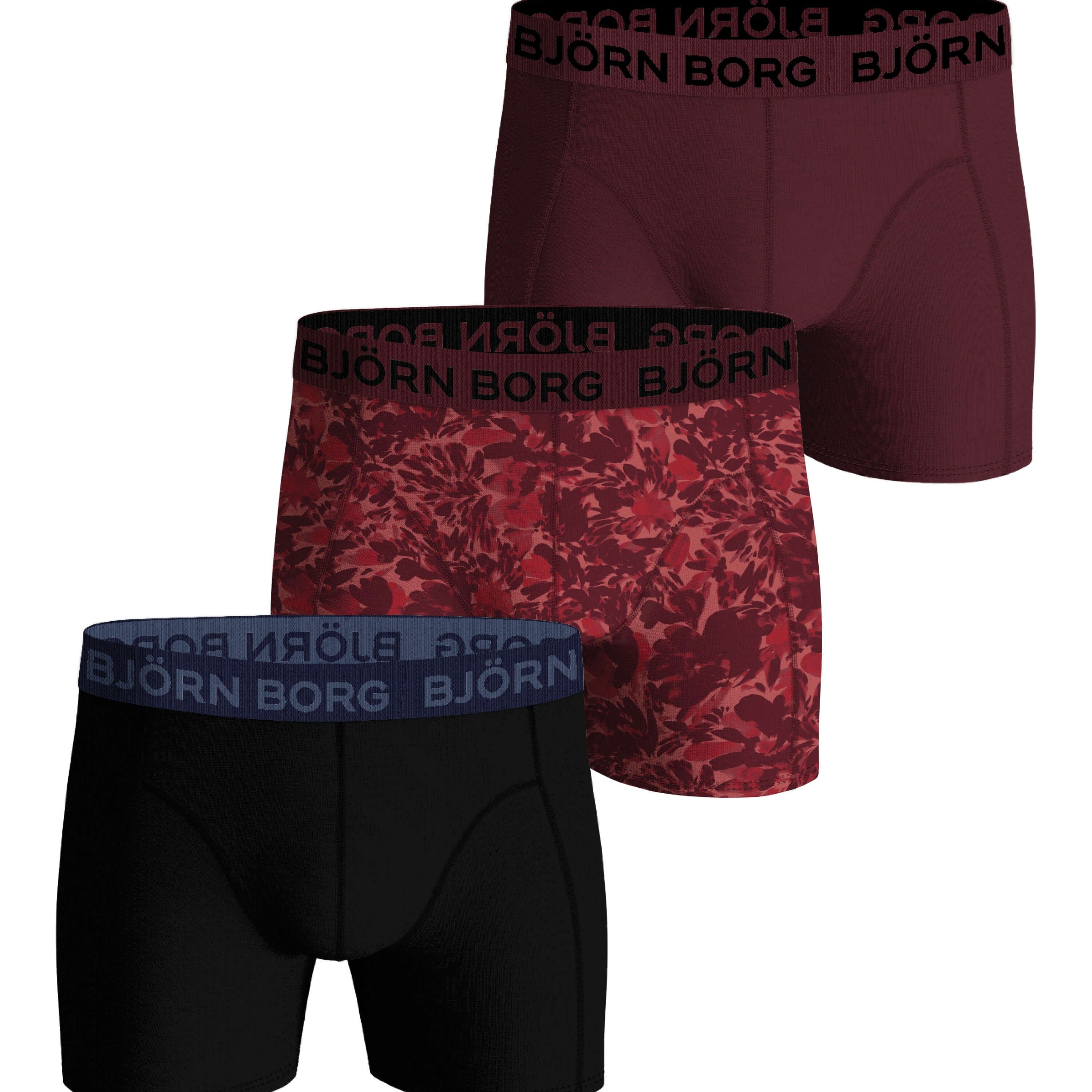 Björn Borg 3 Pack Cotton Stretch Boxers - Burgundy/Black/Burgundy Print