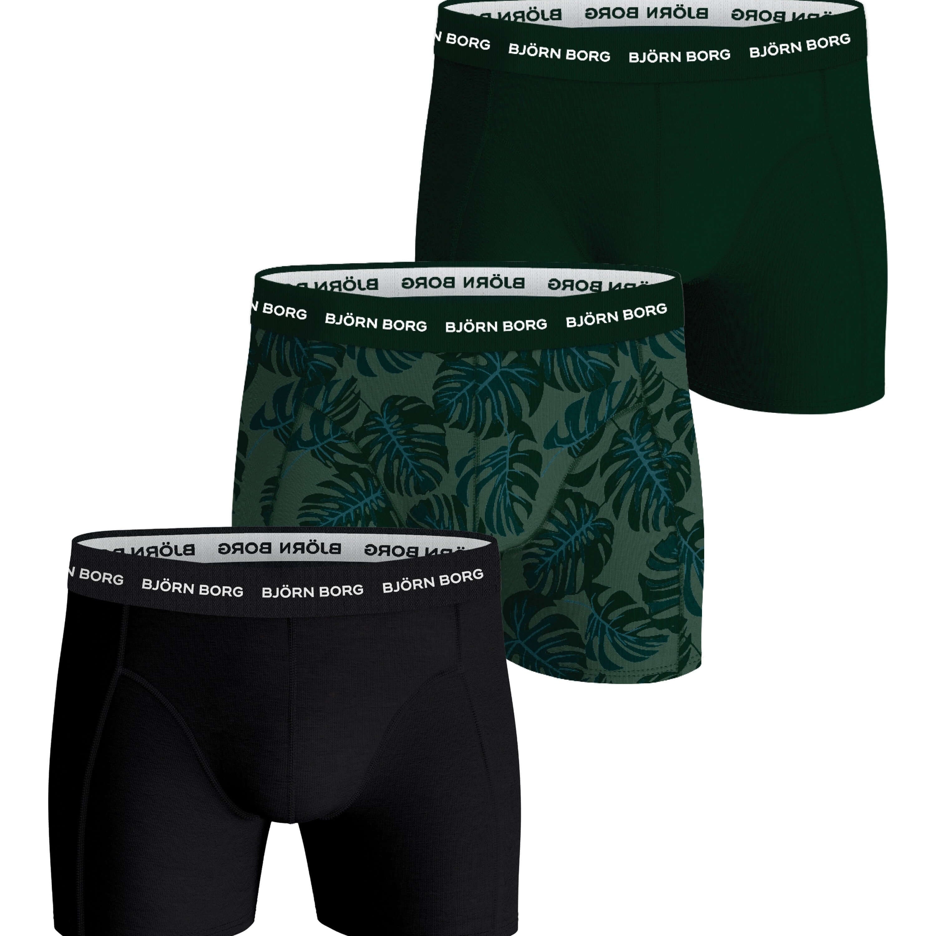 Björn Borg 3 Pack Cotton Stretch Boxers - Black/Green/Green Print