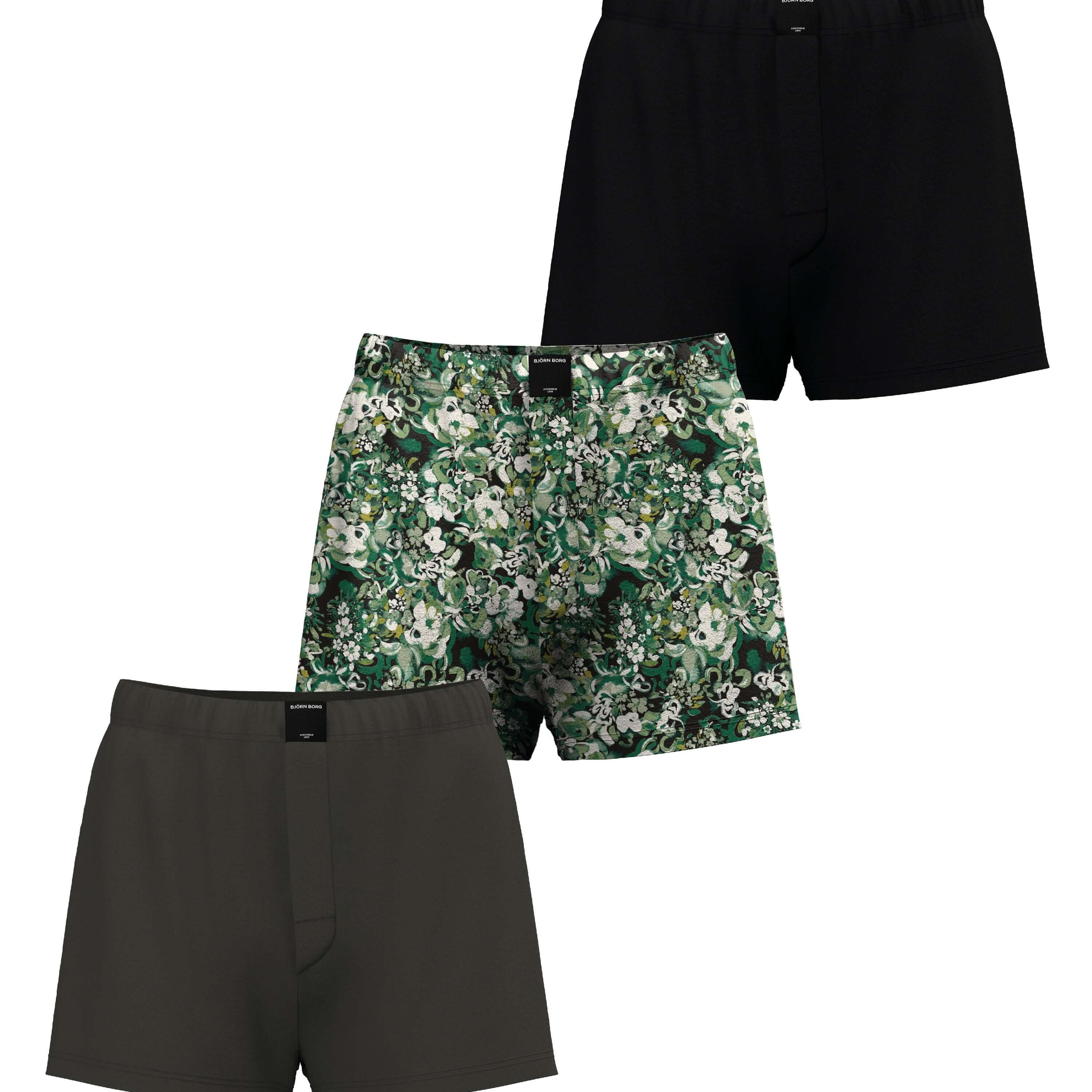 Björn Borg 3 Pack Cotton Stretch Loose Boxers - Olive/Green Print/Black