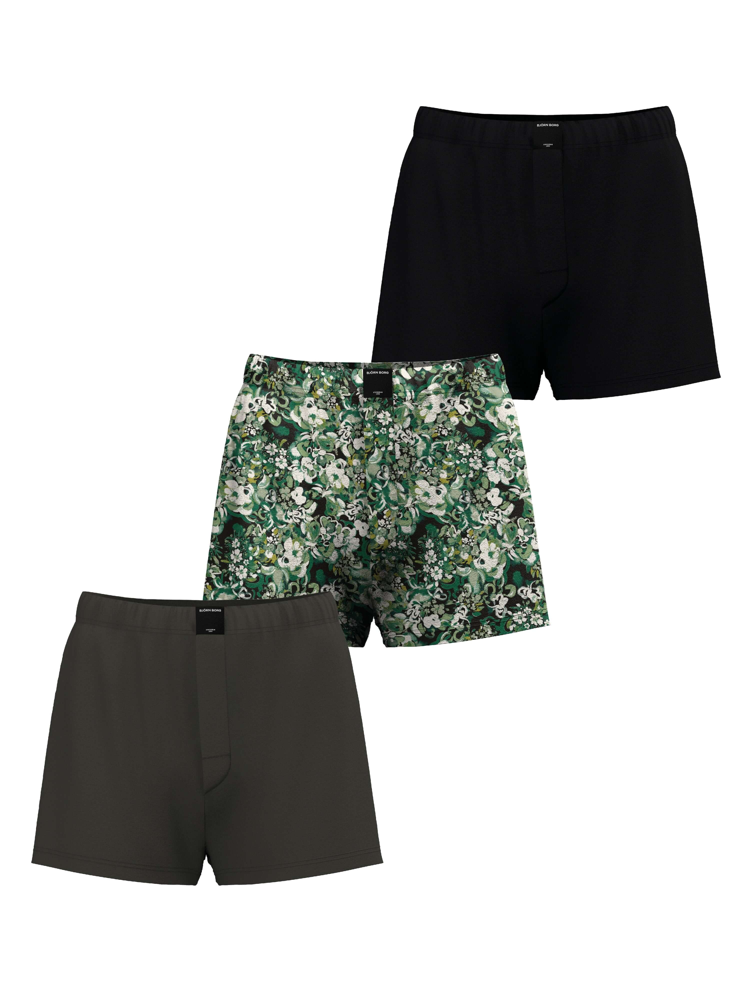 Björn Borg 3 Pack Cotton Stretch Loose Boxers - Olive/Green Print/Black