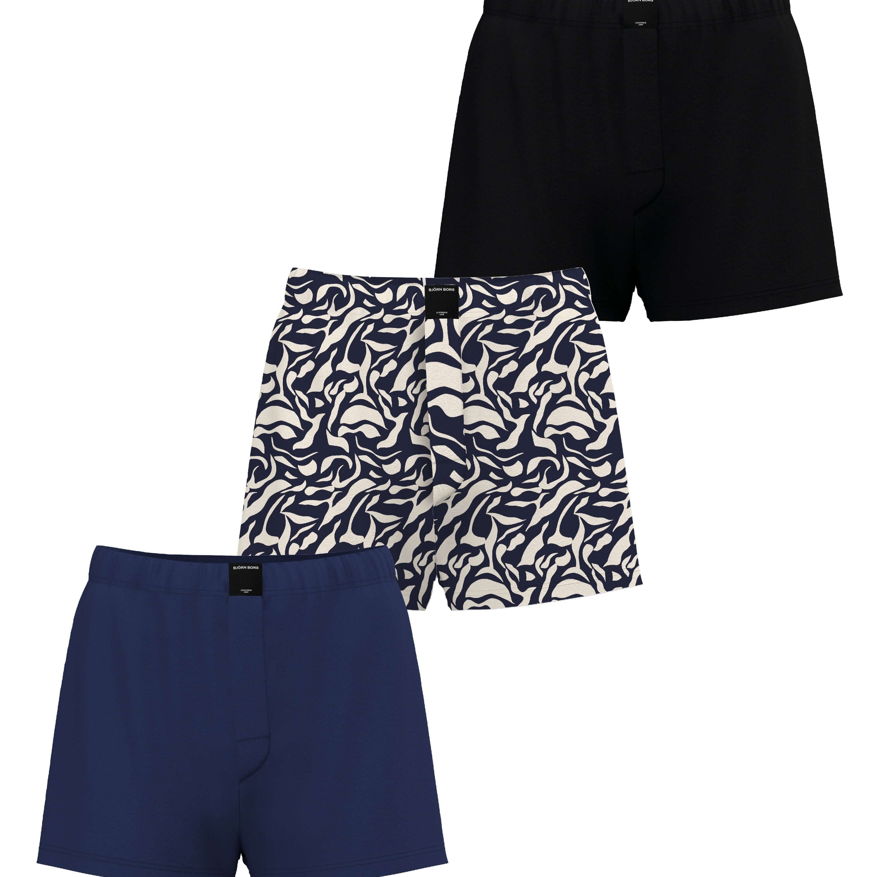 Björn Borg 3 Pack Cotton Stretch Loose Boxers - Black/Blue/White Leaf