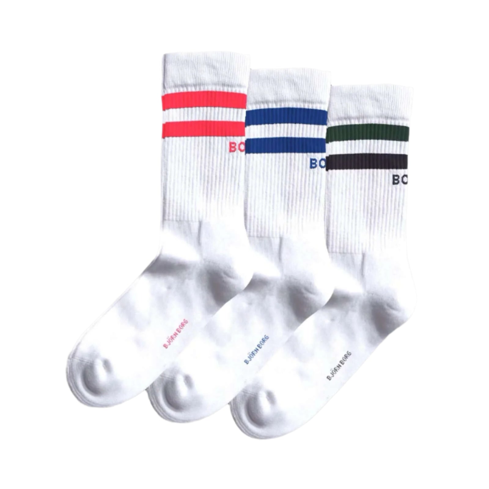 Björn Borg Core Crew Socks 3-Pack, White, Multi Stripes – Cotton Blend Sports Socks