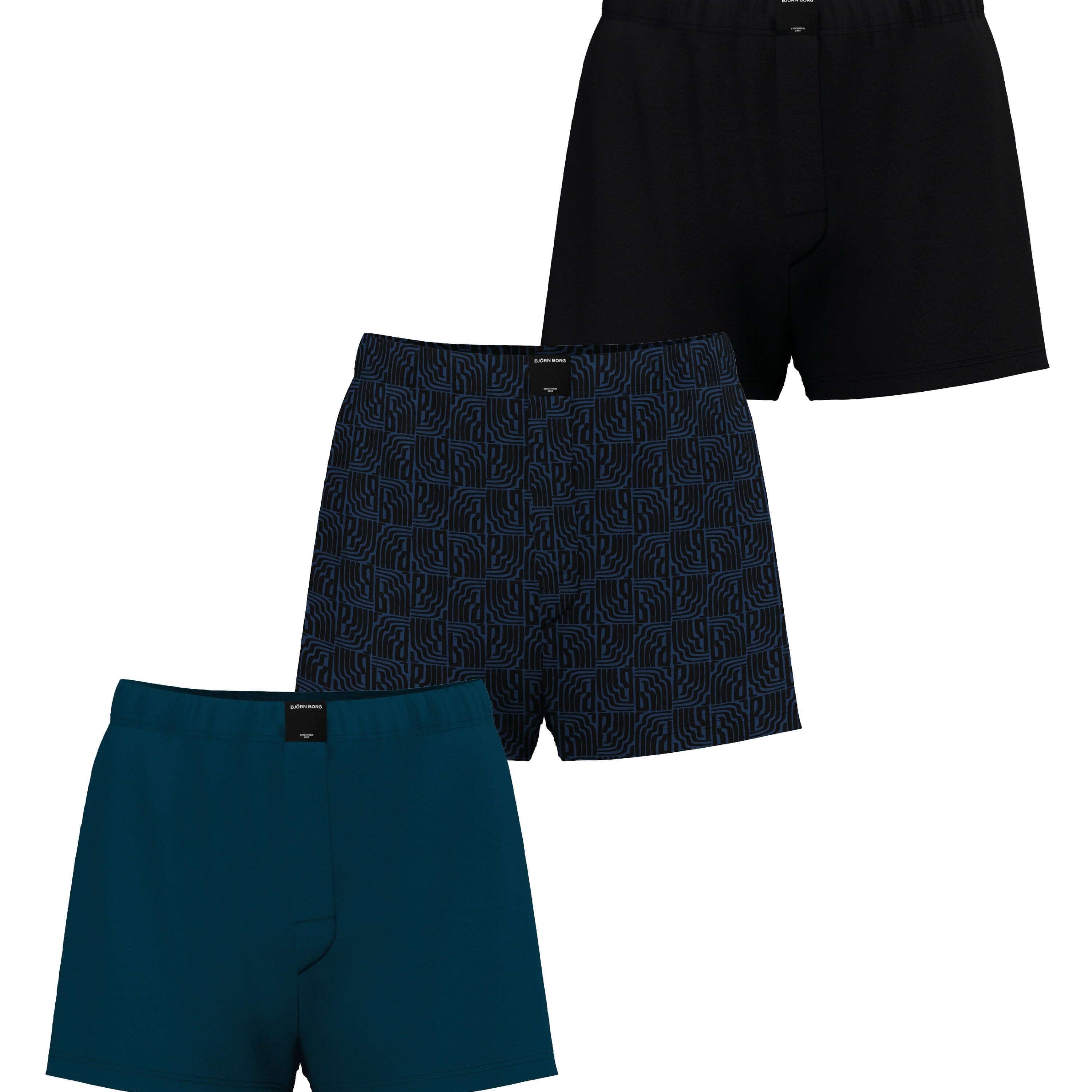 Björn Borg Cotton Stretch Jersey Boxer Shorts 3-pack - Black, Blue, Print