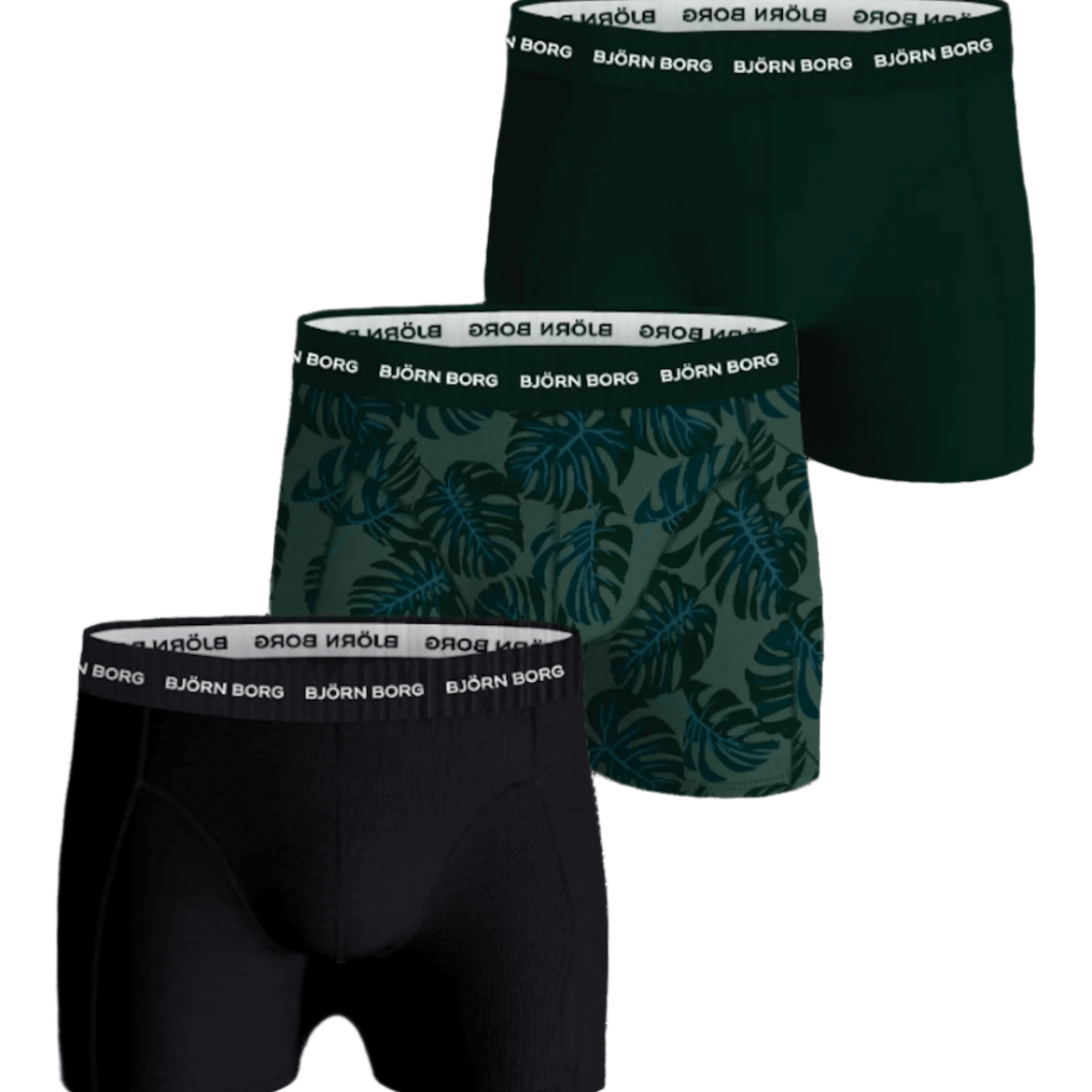 Björn Borg 3 Pack Cotton Stretch Boxers - Black/Green/Green Print