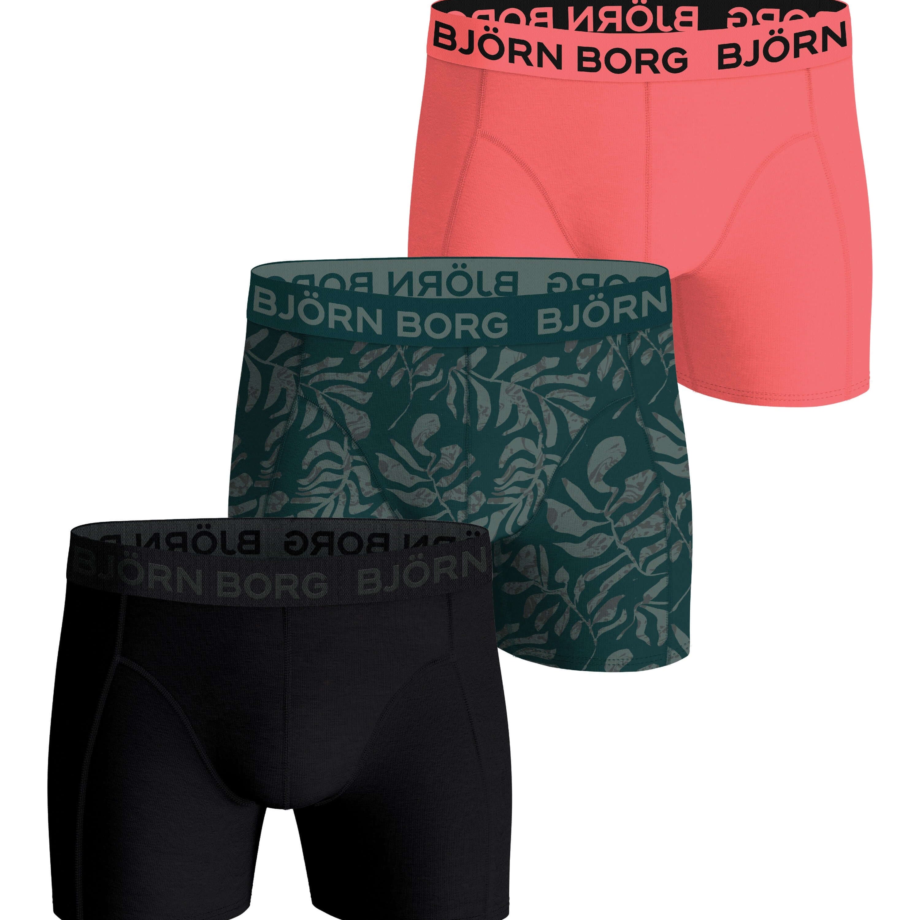 Björn Borg 3-Pack Cotton Stretch Boxers – Black / Green Print / Pink