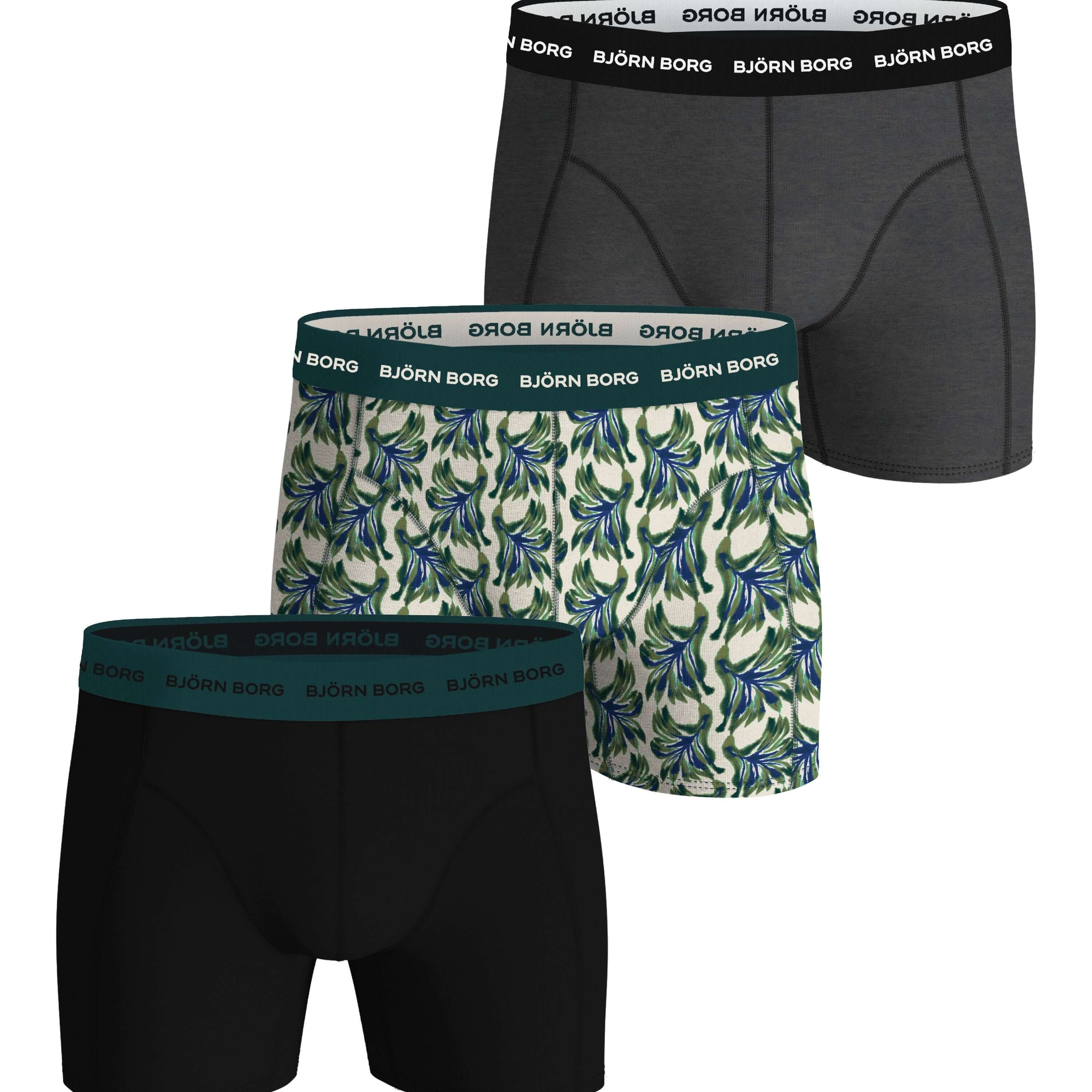 Björn Borg Men’s 3-Pack Cotton Stretch Boxers – Black, Green Print, Grey
