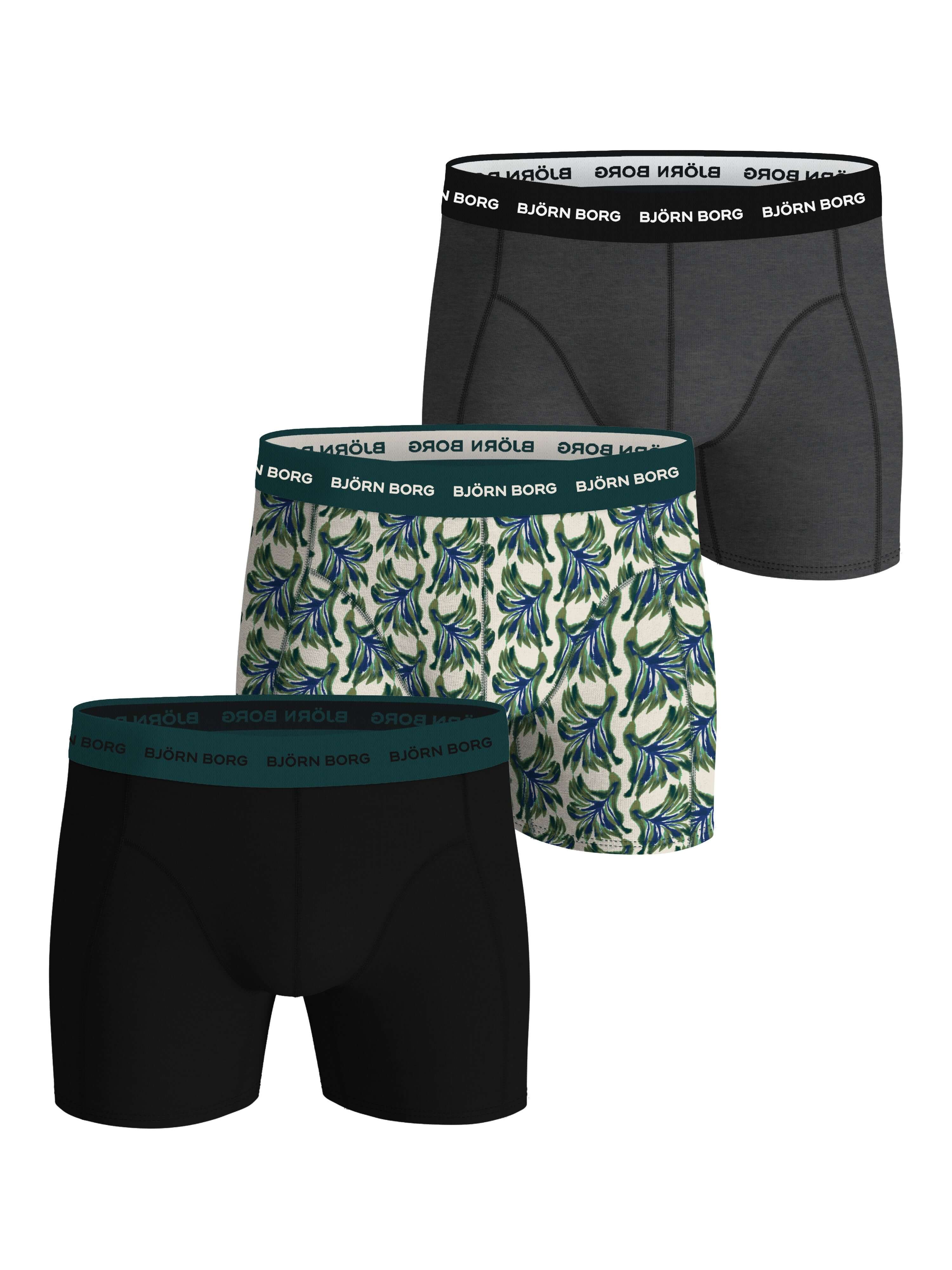 Björn Borg Men’s 3-Pack Cotton Stretch Boxers – Black, Green Print, Grey