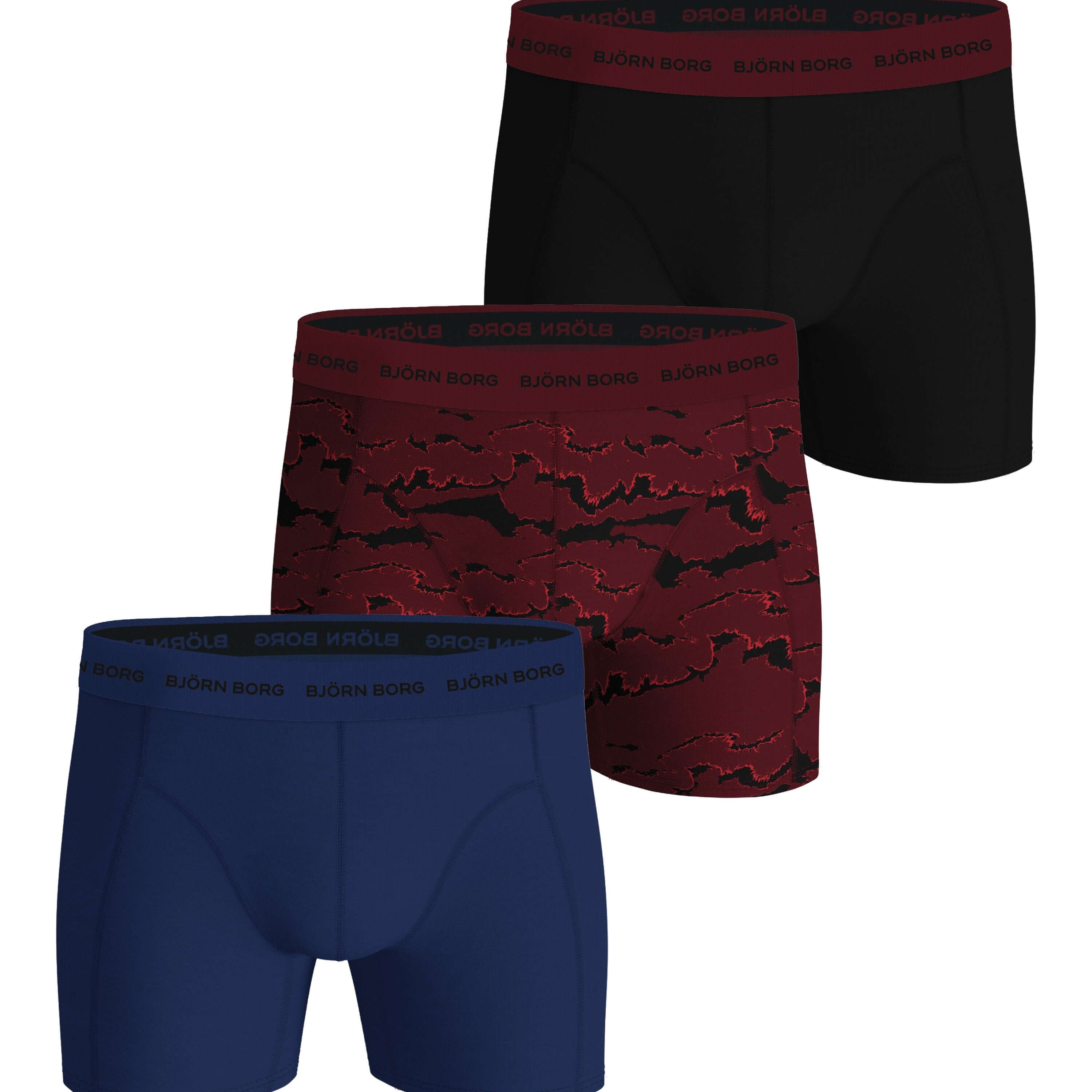 Björn Borg Men’s 3-Pack Cotton Stretch Boxers – Black, Blue, Burgundy Print