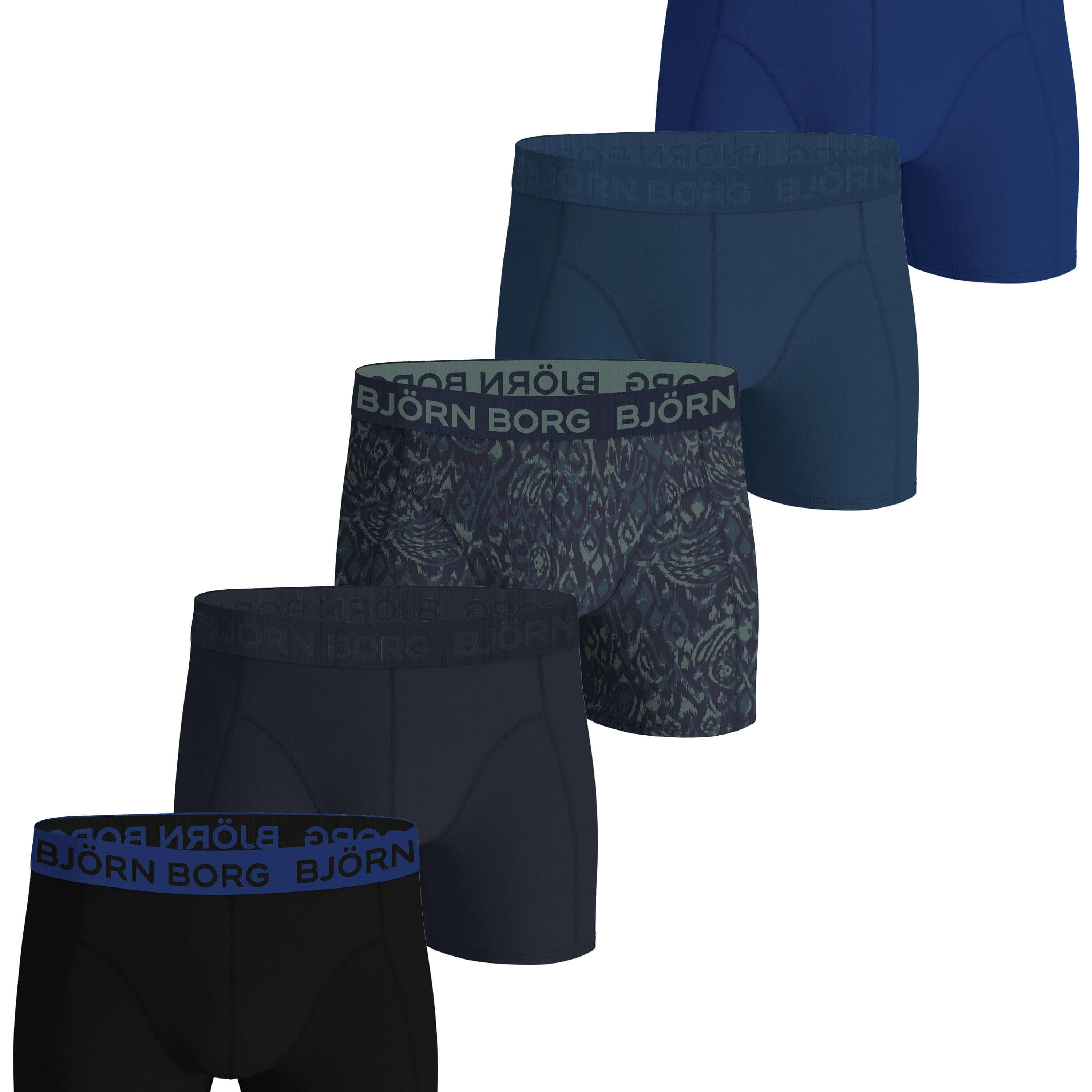 Björn Borg 5 Pack Cotton Stretch Boxers - Black, Blue, Green, Print