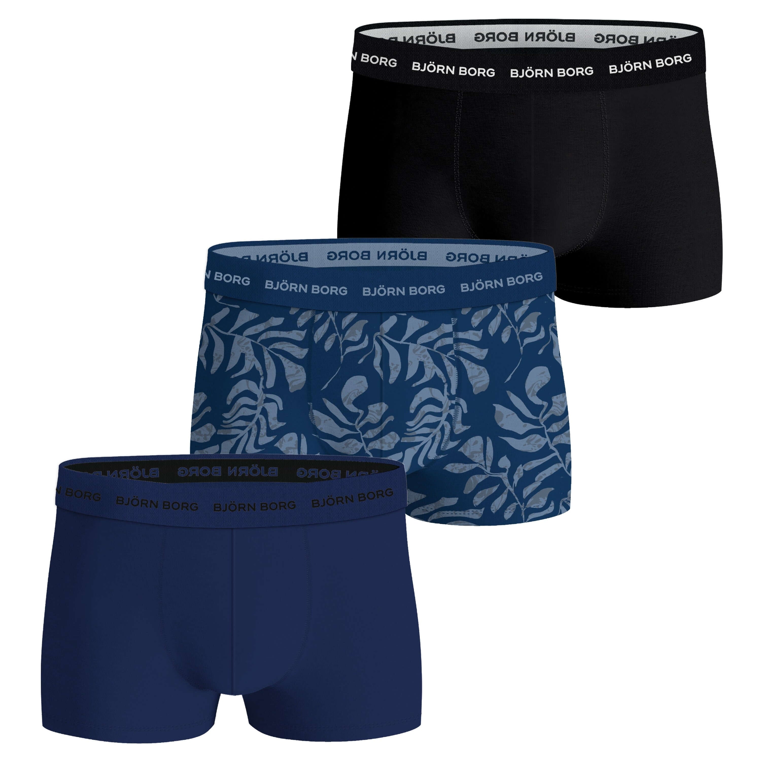Björn Borg Cotton Stretch Trunks 3-pack - Black, Print, Navy Blue
