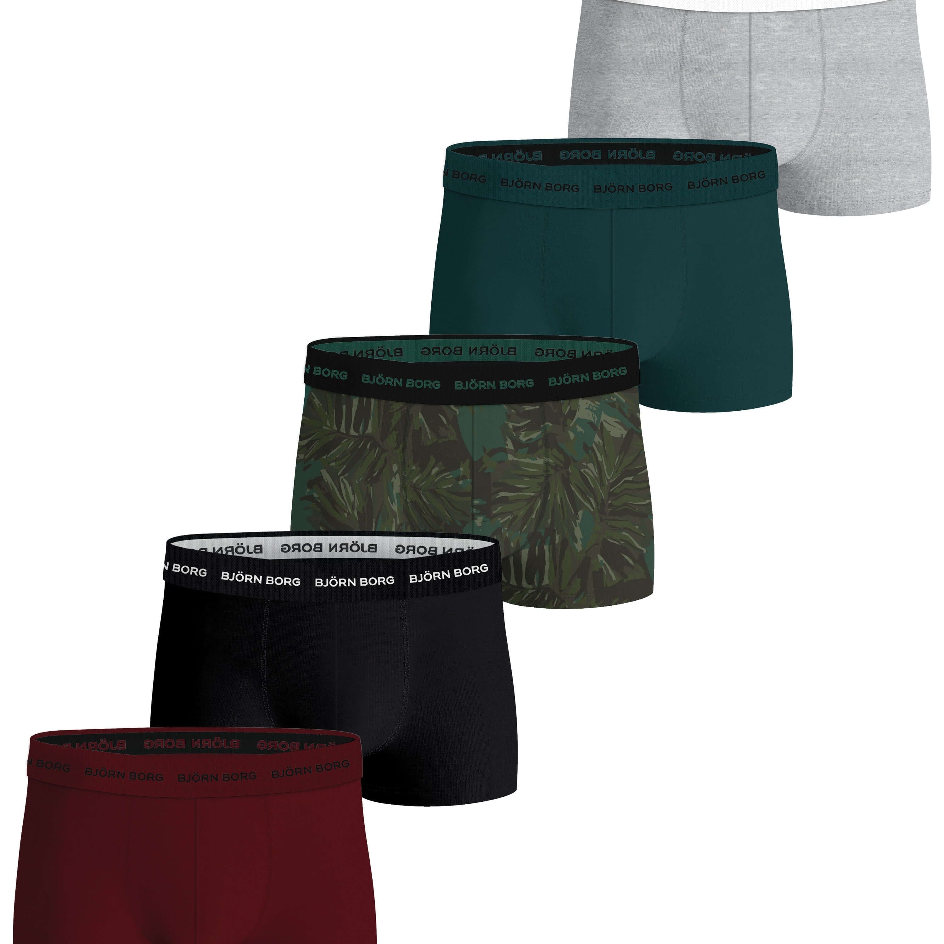 Björn Borg Cotton Stretch Trunks 5-pack - Black, Melange, Green, Print, Red